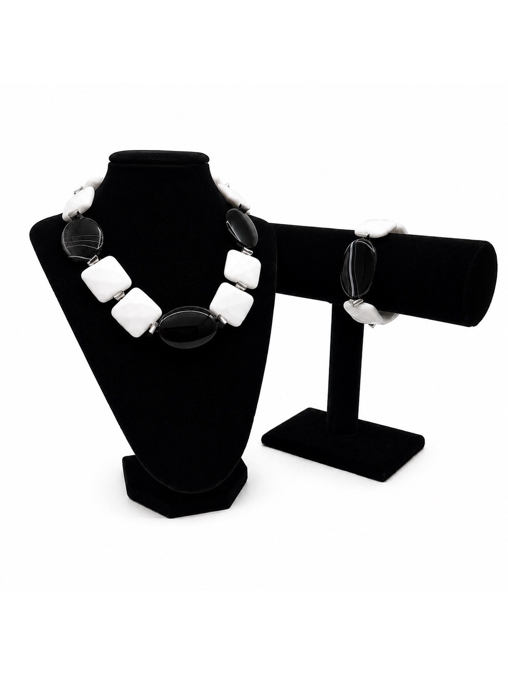 Jewelry By GG Black & White Onyx Soap Stone & Pewter 8" Necklace 4" Bracelet Set